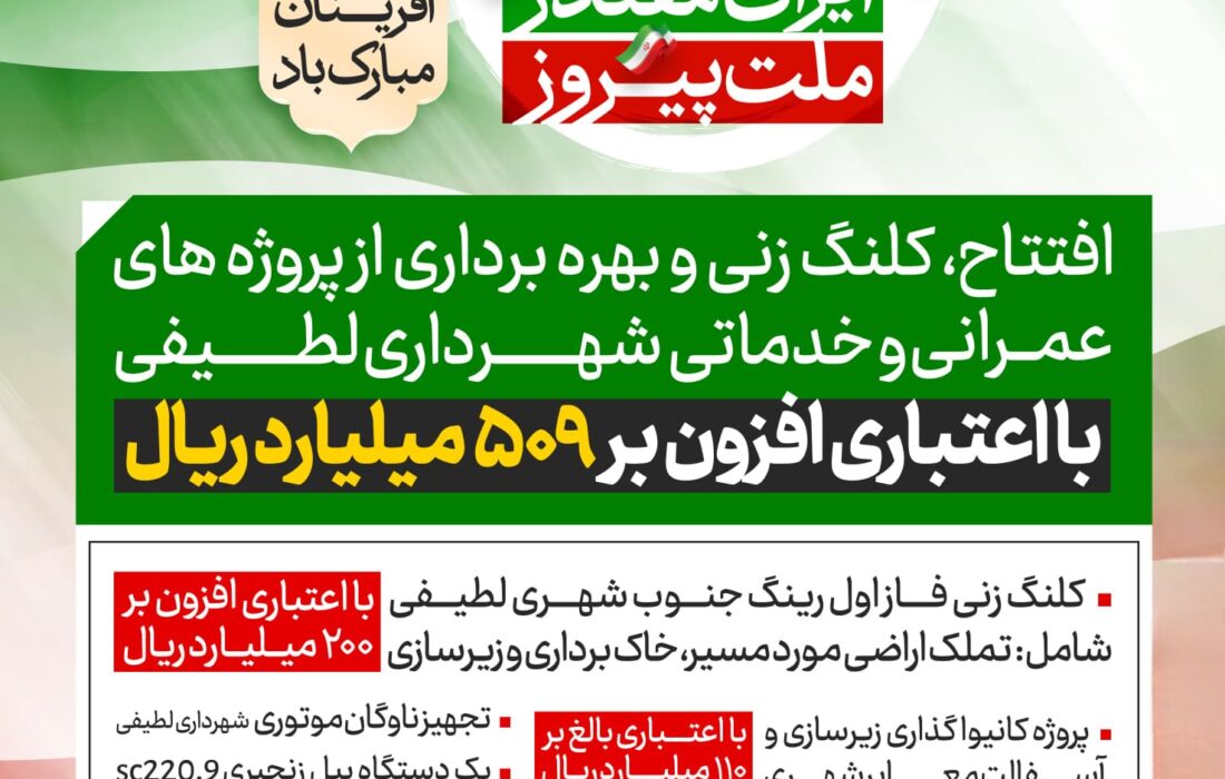 افتتاح، کلنگ زنی و بهره برداری از پروژه های عمرانی و خدماتی شهرداری لطیفی با اعتباری افزون بر ۵۰۹ میلیارد ریال